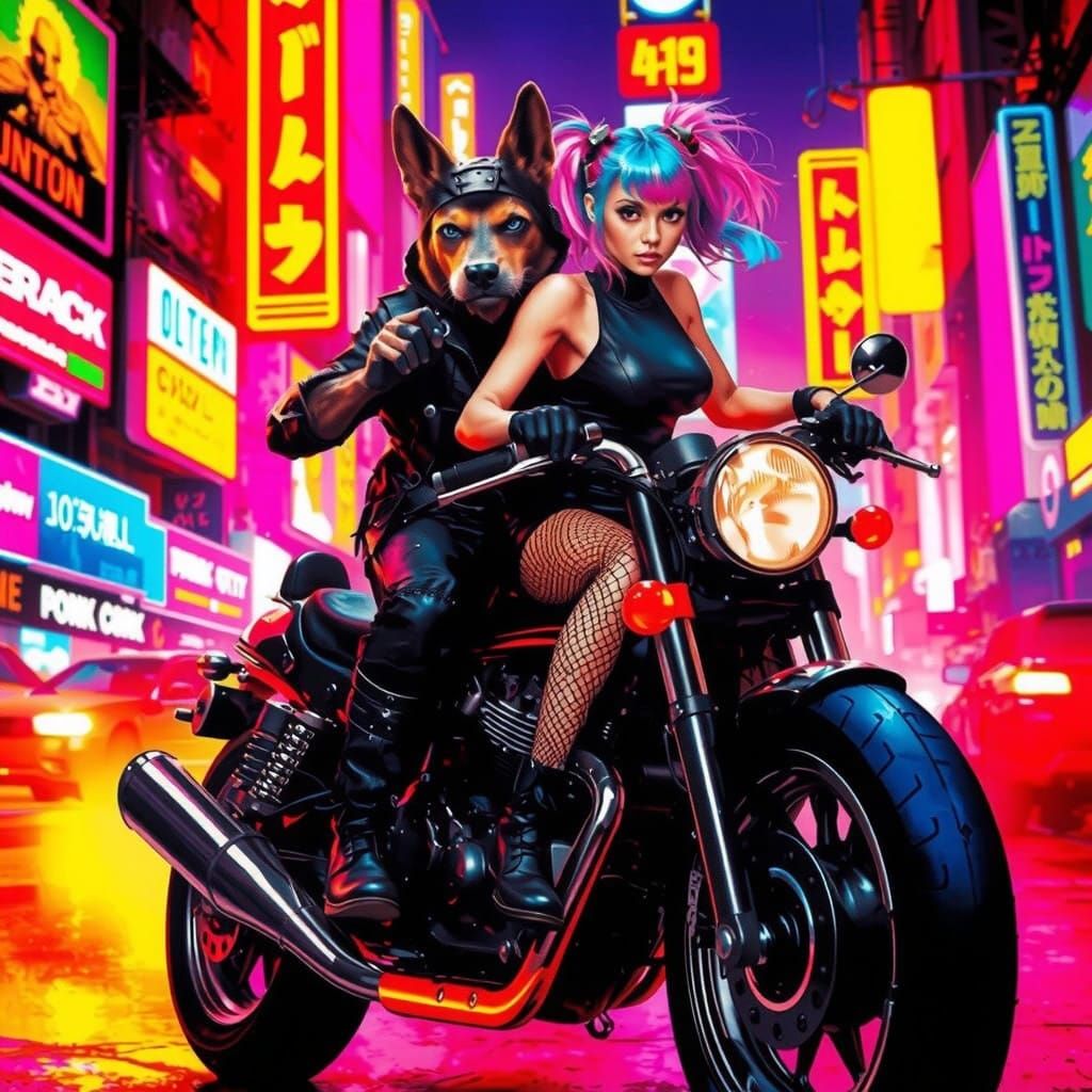 Cyberpunk Cityscape with Dogman and Companion in Neon Hues