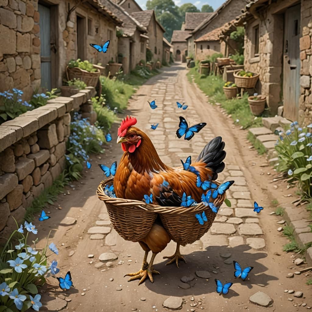 Hen Walks Down Lane with Butterfly Chicks