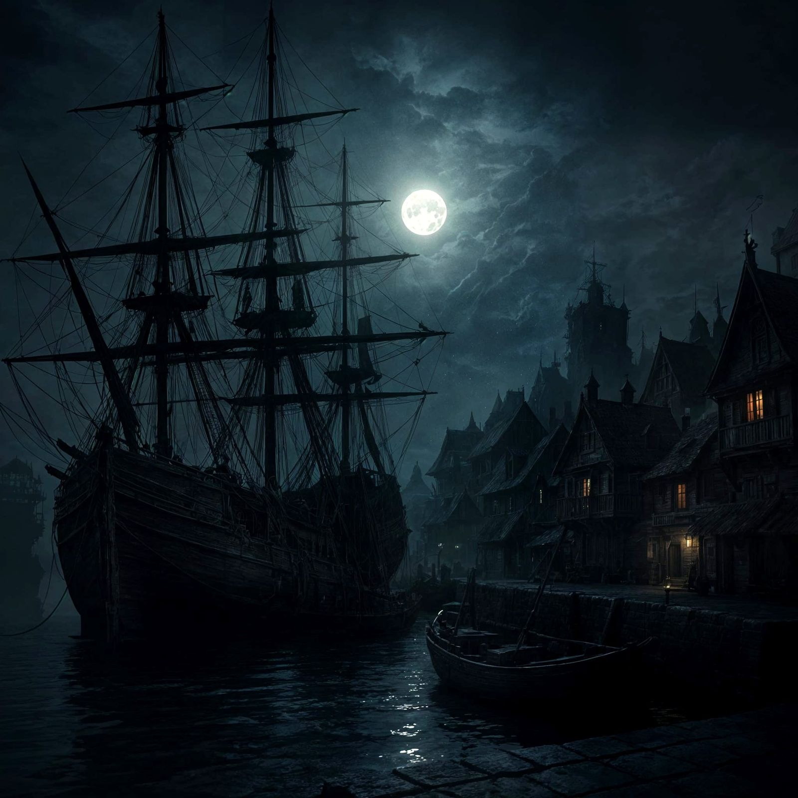 Pirate Galleons Moored in Ancient Harbor at Night