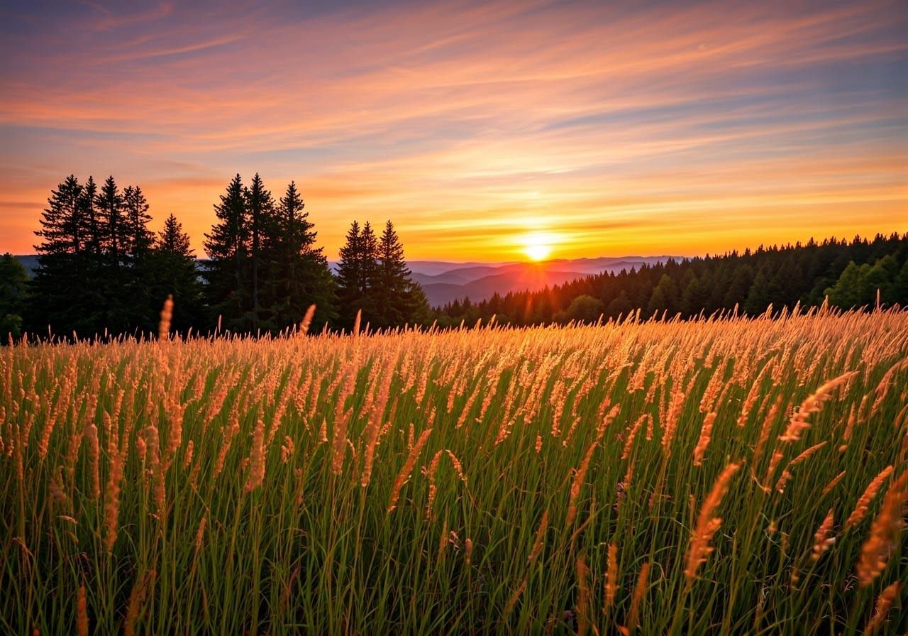 Golden Hour Landscape with Wildflowers and Distant Mountains