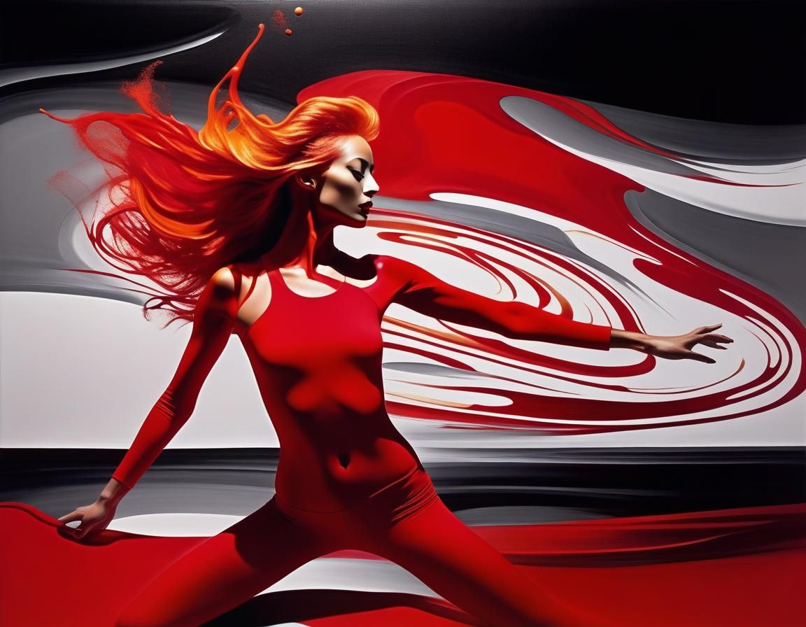Abstract Red Dancing Woman in Surreal Style