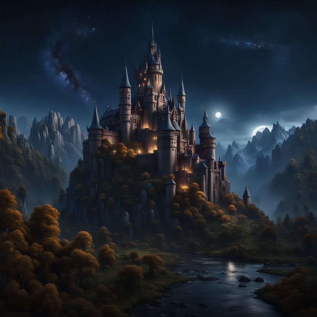 Picturesque Dark Castle Under Starry Sky