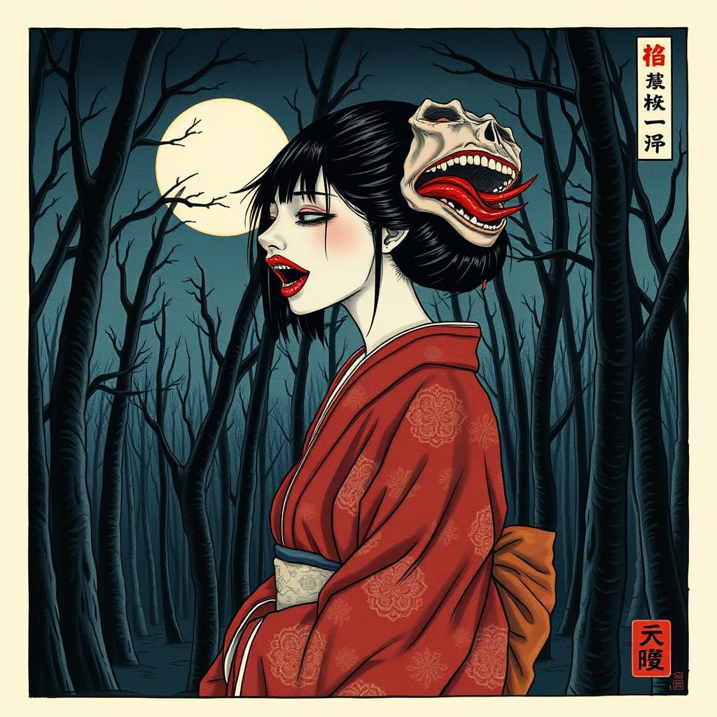 Futakuchi-Onna in Moonlit Forest, Inspired by Japanese Art