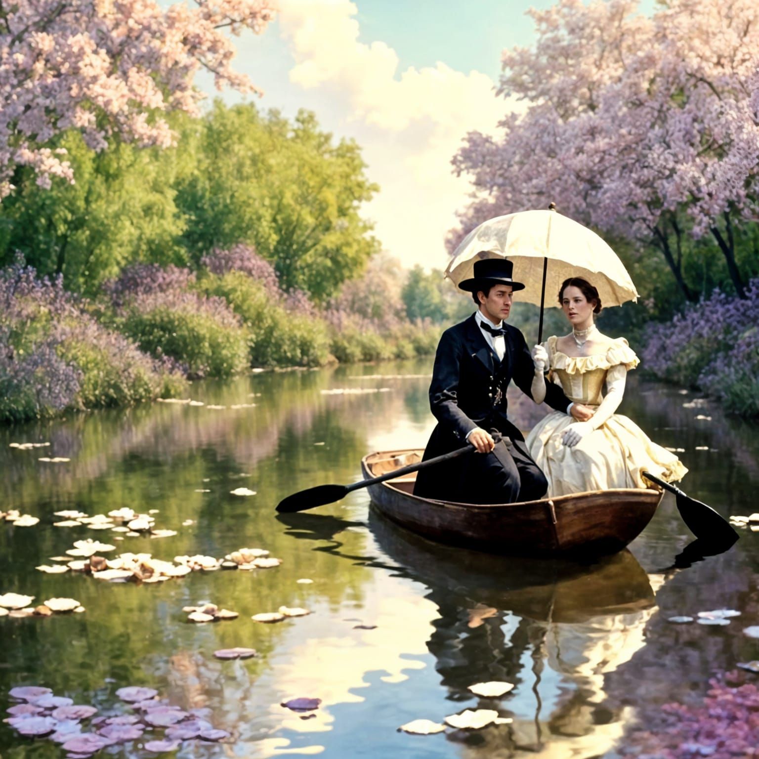 Victorian Couple on Lake in Impressionist Style
