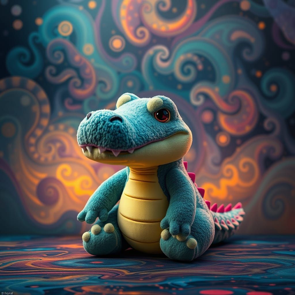 Whimsical Plush Toy Crocodile in Fantastical World