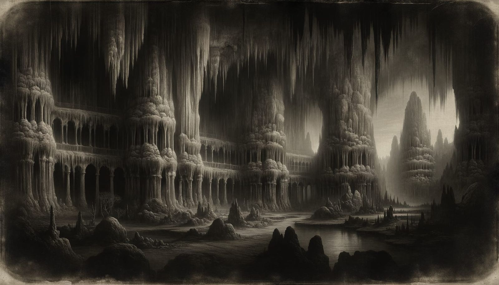 Eerie Cavernous Interior with Detailed Stalactites