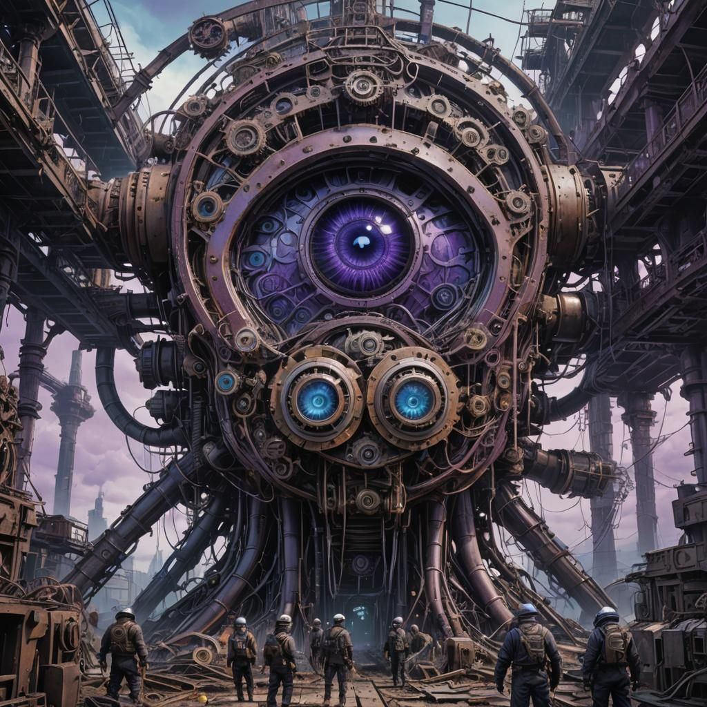 Post-apocalyptic scene of a massive, towering mechanical str...