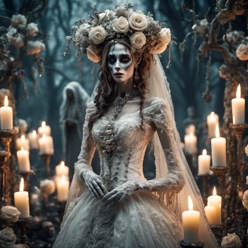 Elegantly Scary Skeletal Bride in Cemetery