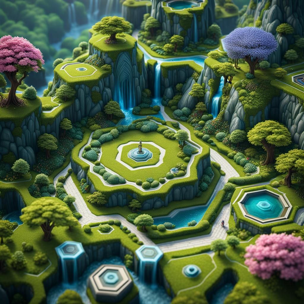 a world built of hexagonal fields from a fantasy video game,...