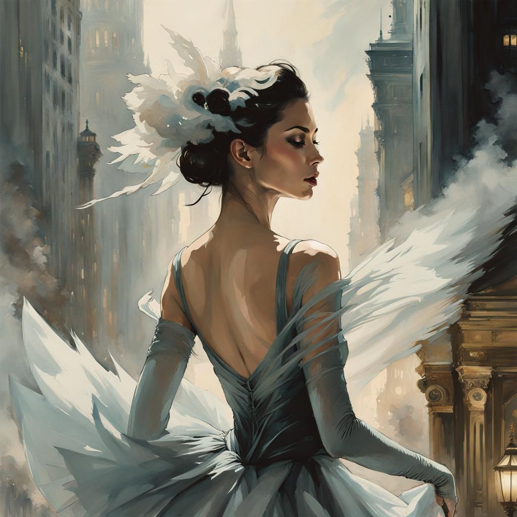 Watercolor Smoke Dancer in Art Deco Noir Style