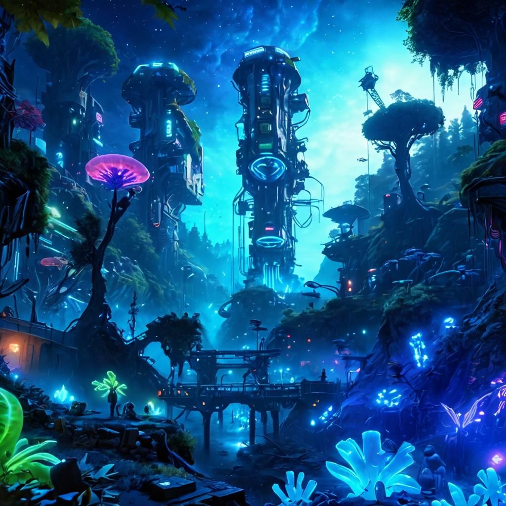 Cyberpunk Mining Town on a Forest Planet