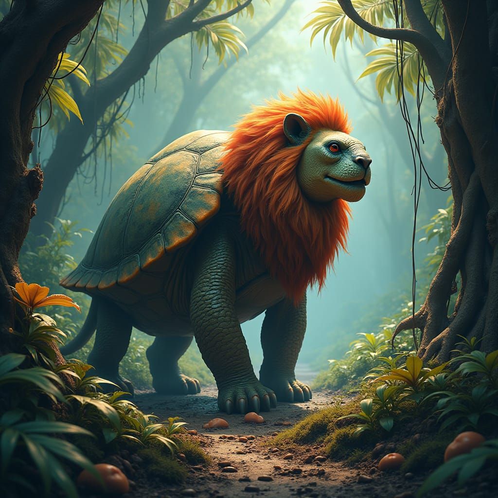 Lion-Turtle Hybrid in Jungle Matte Painting