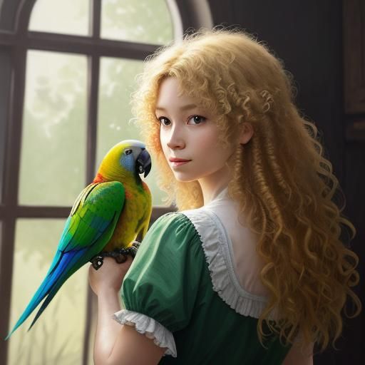 Girl and Parrot: A Vibrant Oil Painting