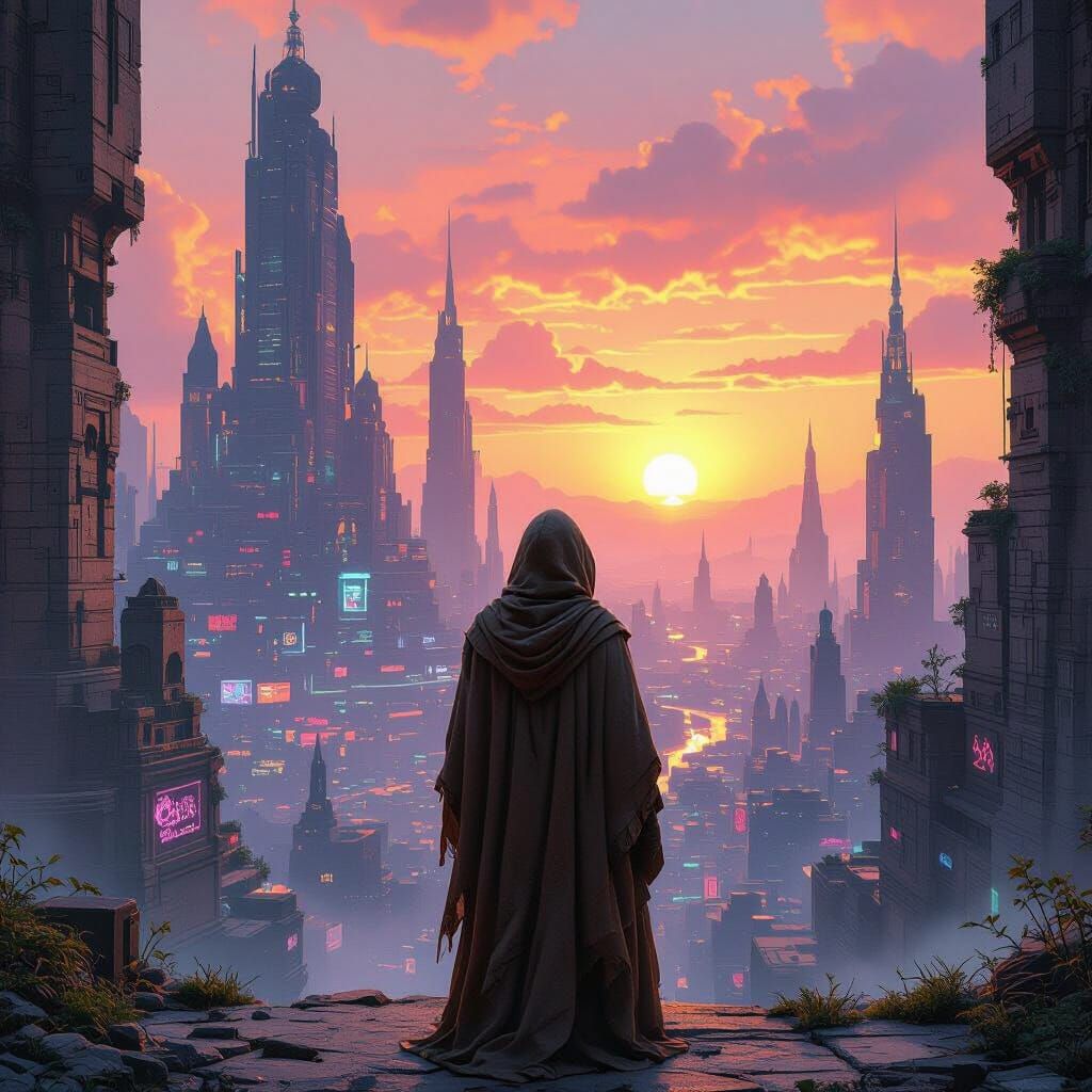 Binary Sunset Over Ruined Metropolis in Retro-Futuristic Sty...