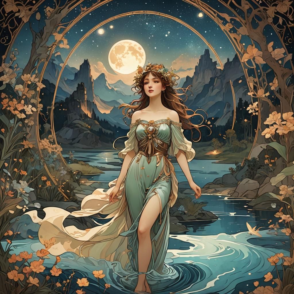 Paradise River Under Night Sky in Art Nouveau Style