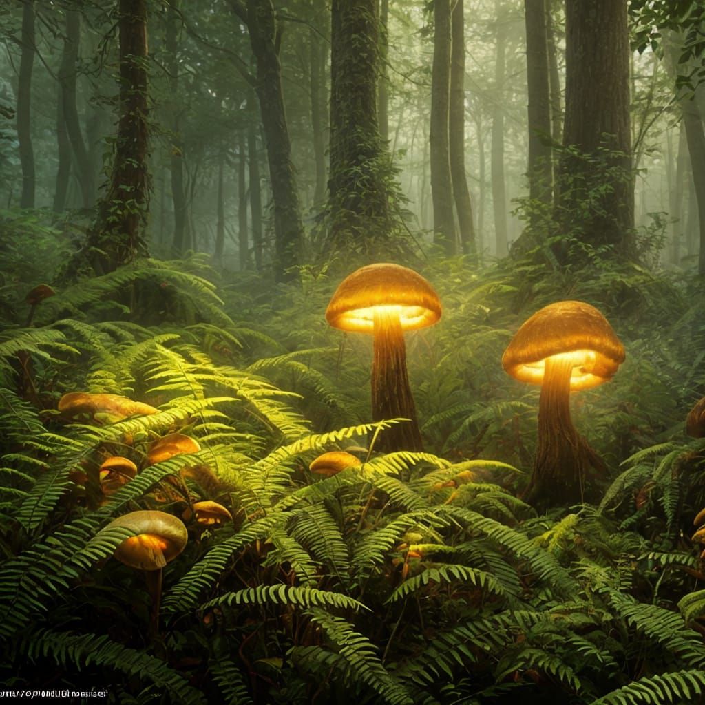 Glowing Mushrooms in Ferns: Dark Fantasy Art