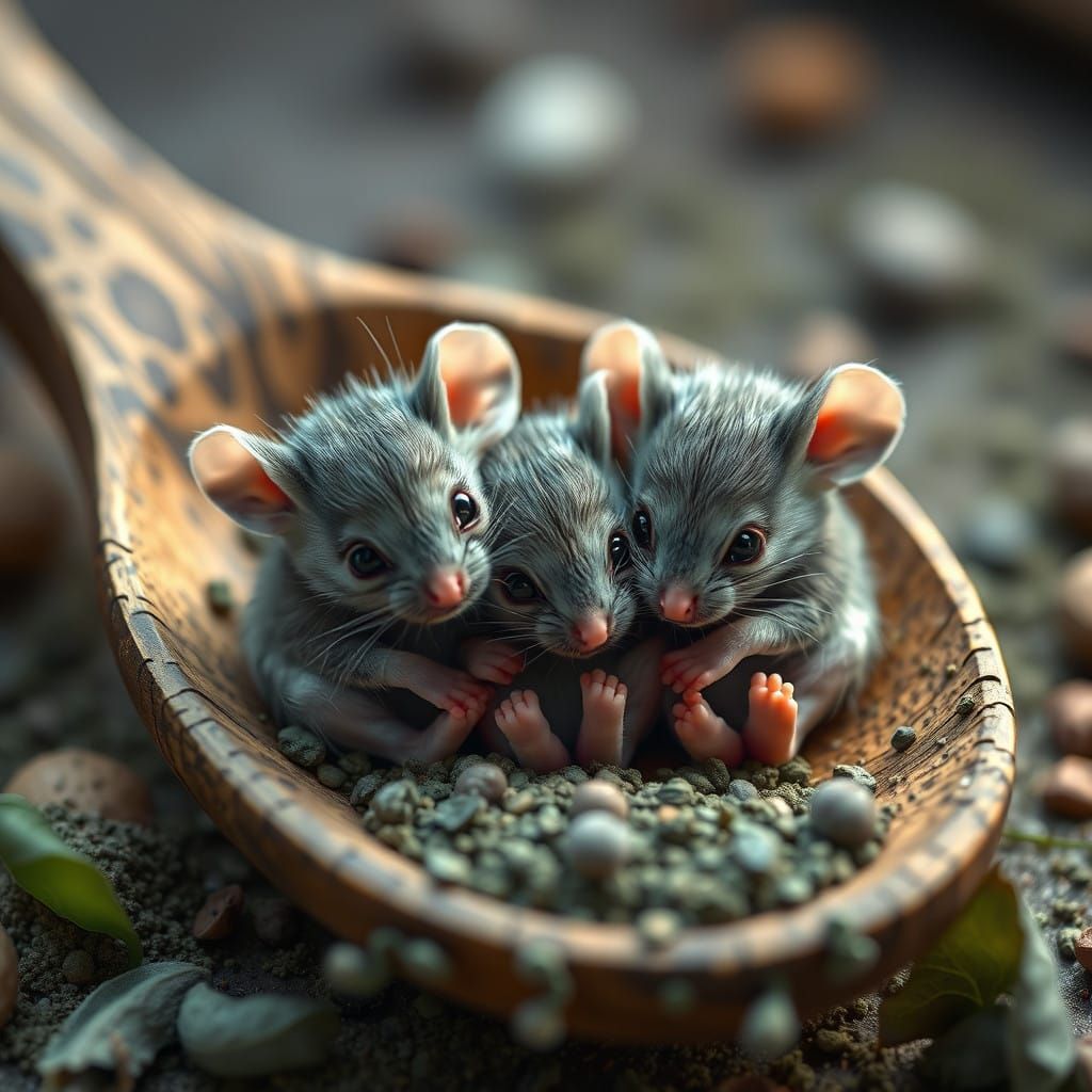 Whimsical Wooden Spoon Haven for Grey Baby Mice