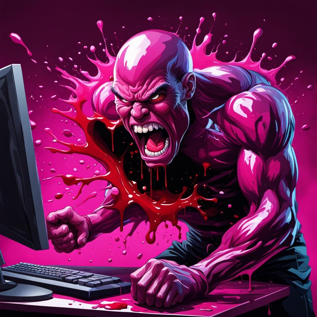 Humorous Cartoon Man Punches Computer in Oil Gouache Style