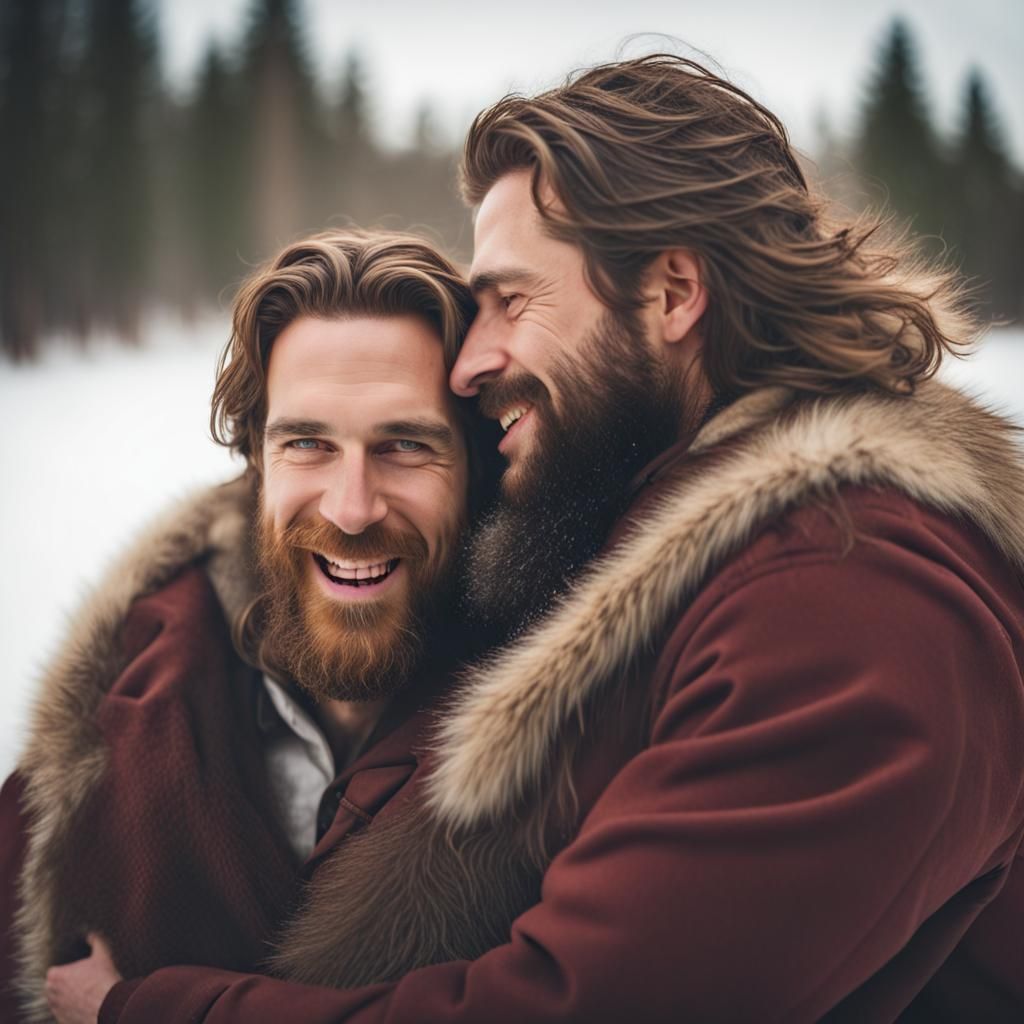 Bearded Men Embrace During Sleigh Ride