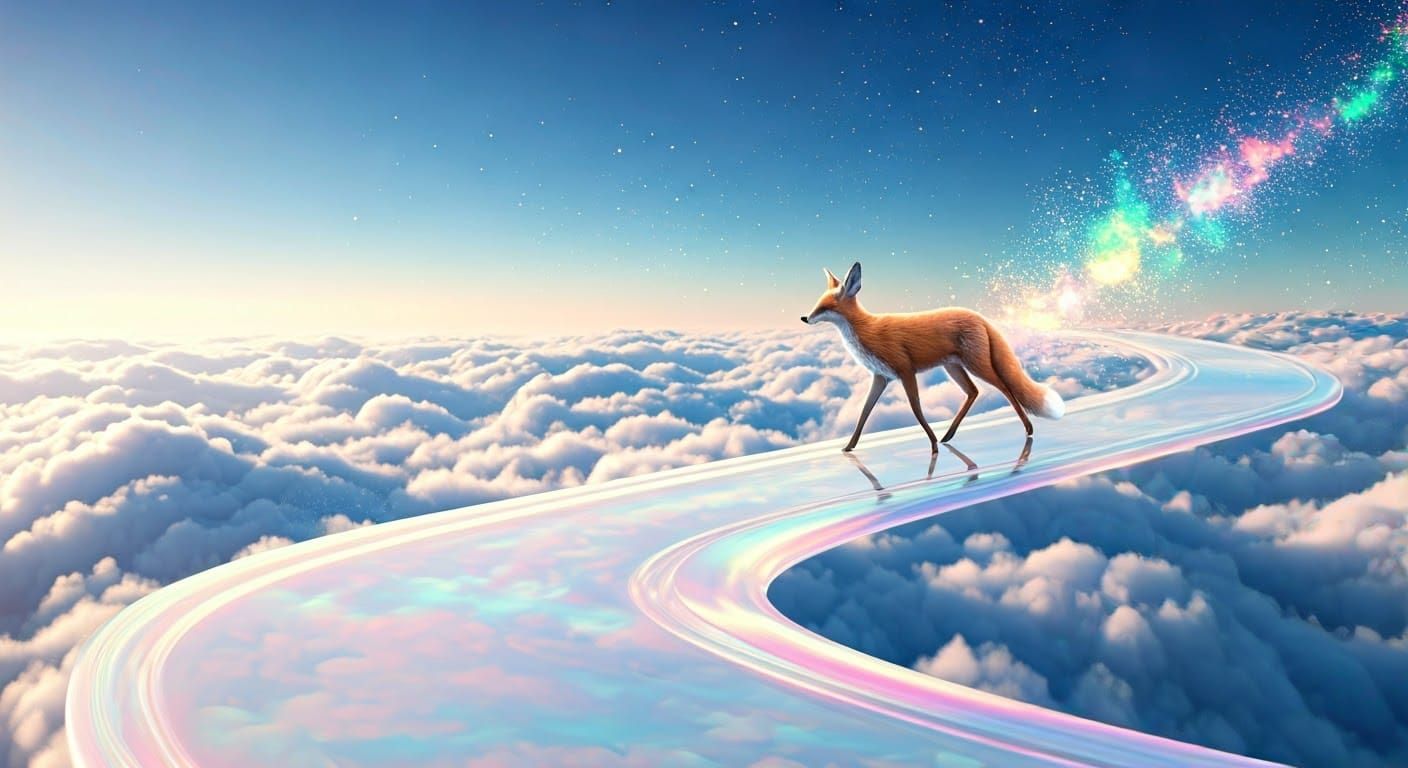 Majestic Deer-Fox Hybrid on Iridescent Cloud Path