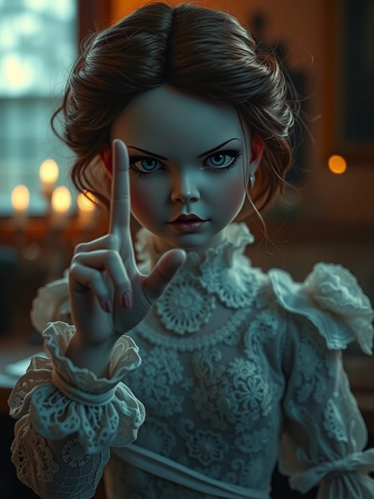 Eerie Gothic Doll Commands Silence in Hyperrealistic Render