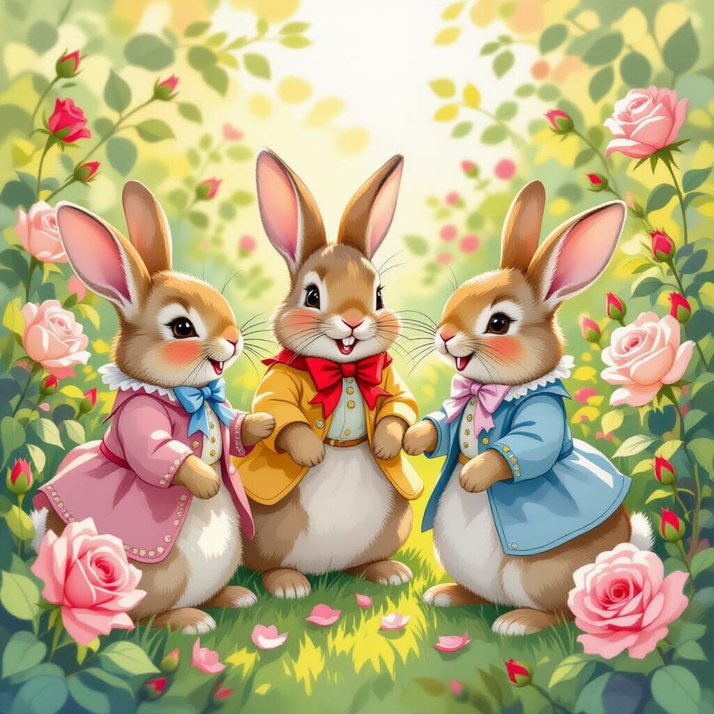 Playful Bunnies in a Rose Garden, Beatrix Potter Style