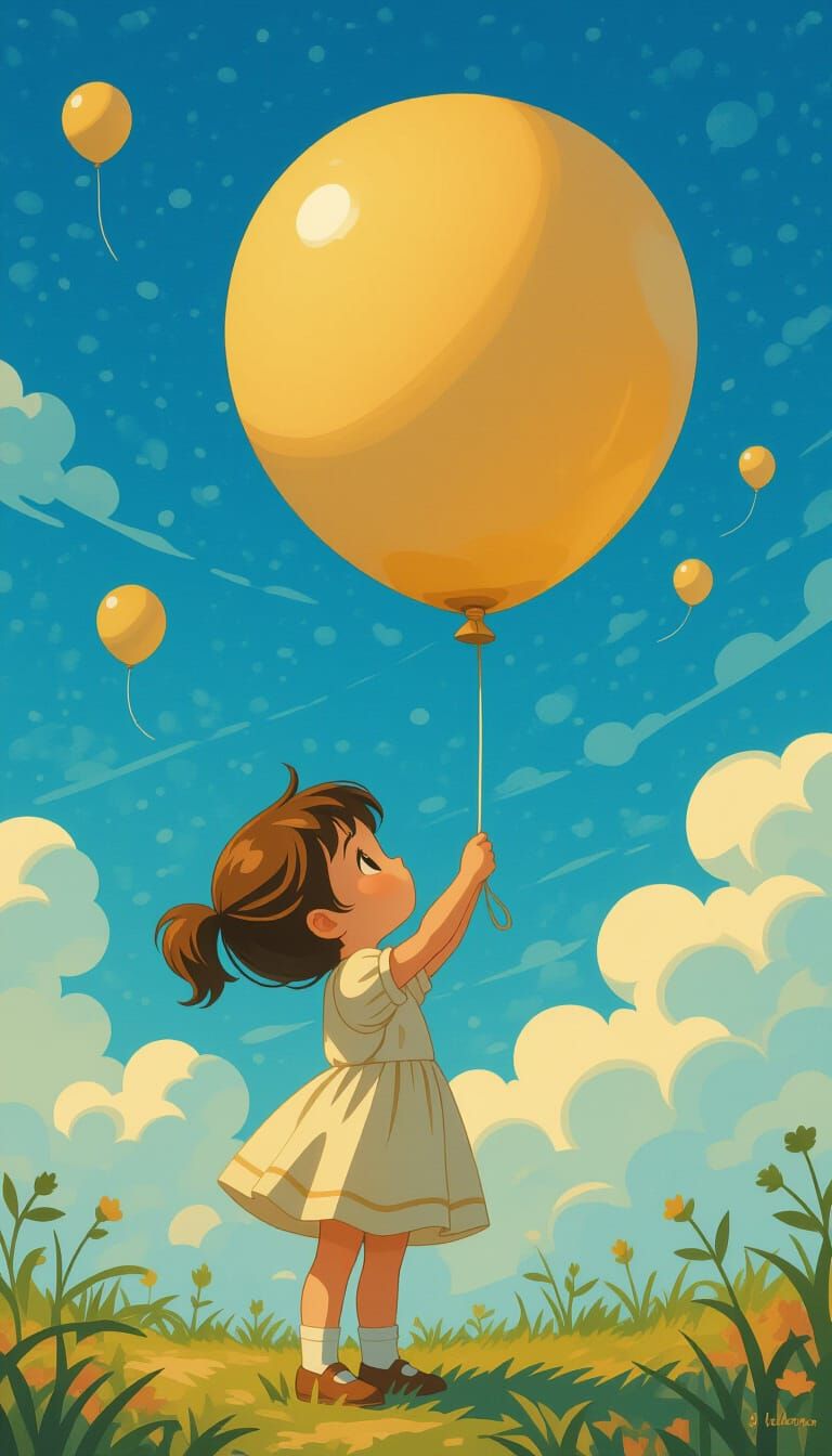 Mosaic of Girl Holding Balloon in Fantasy Art Style