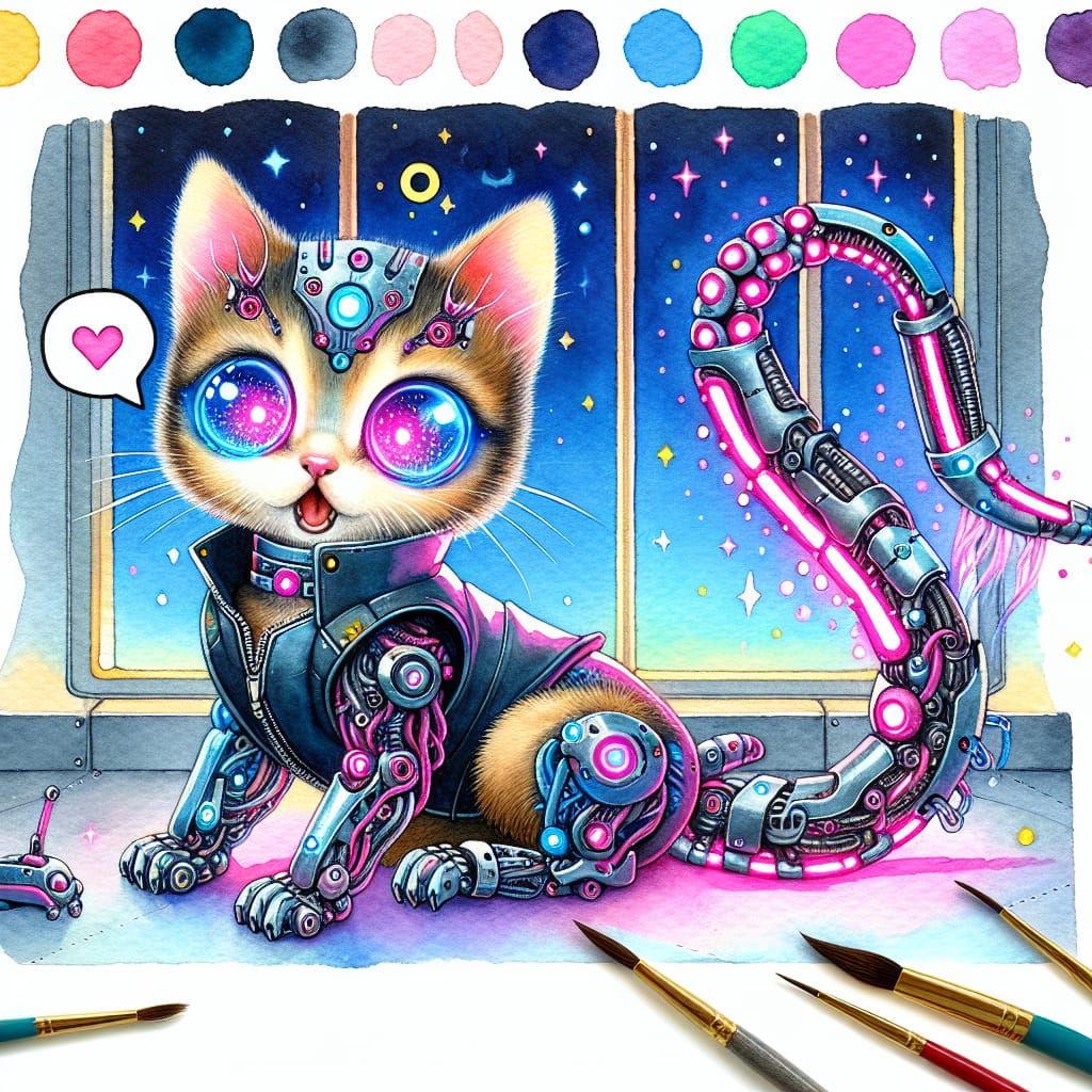 Cyborg Kitten's Watercolor 'Meow' in UFO