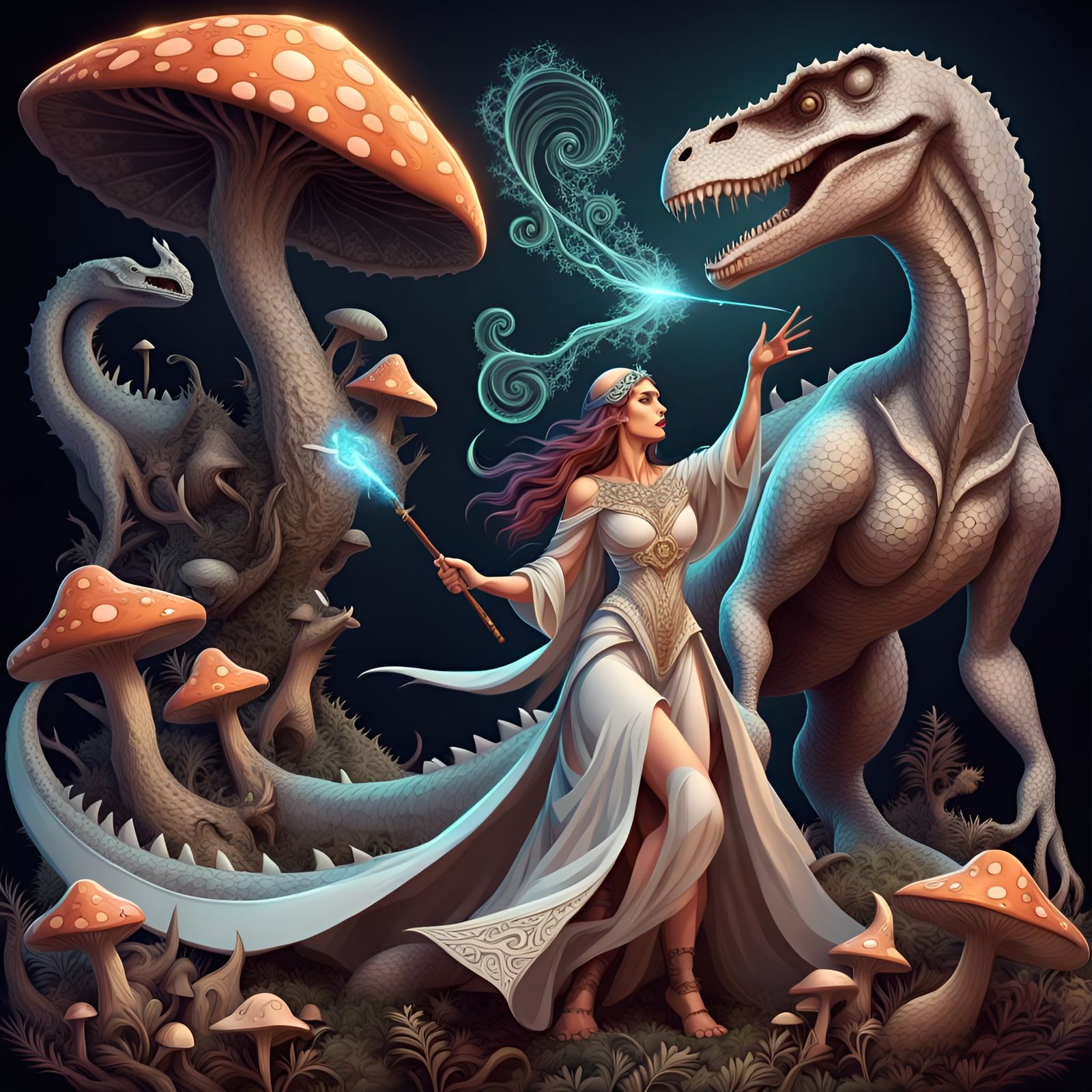 Sorceress Casting Spell Over Dinosaur, in Abstract Style