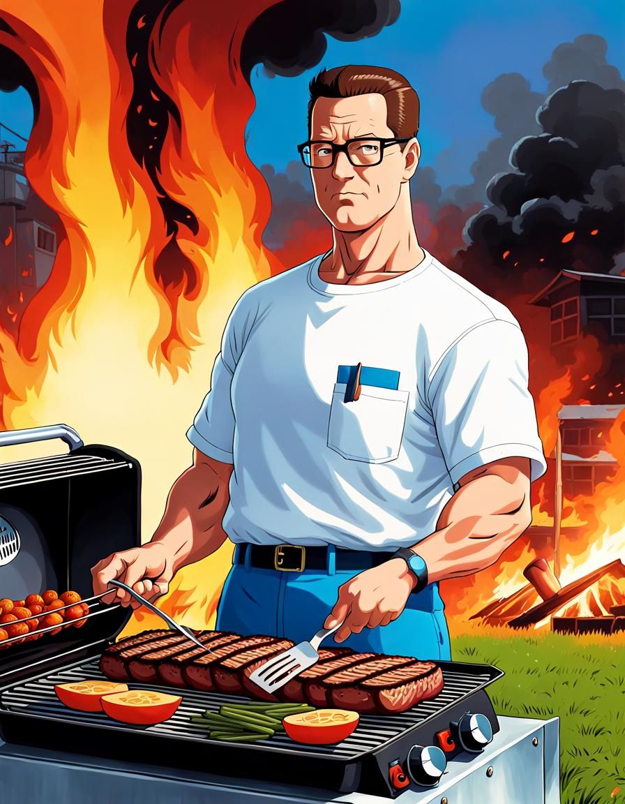Hank Hill and Propane Grill in Anime Style