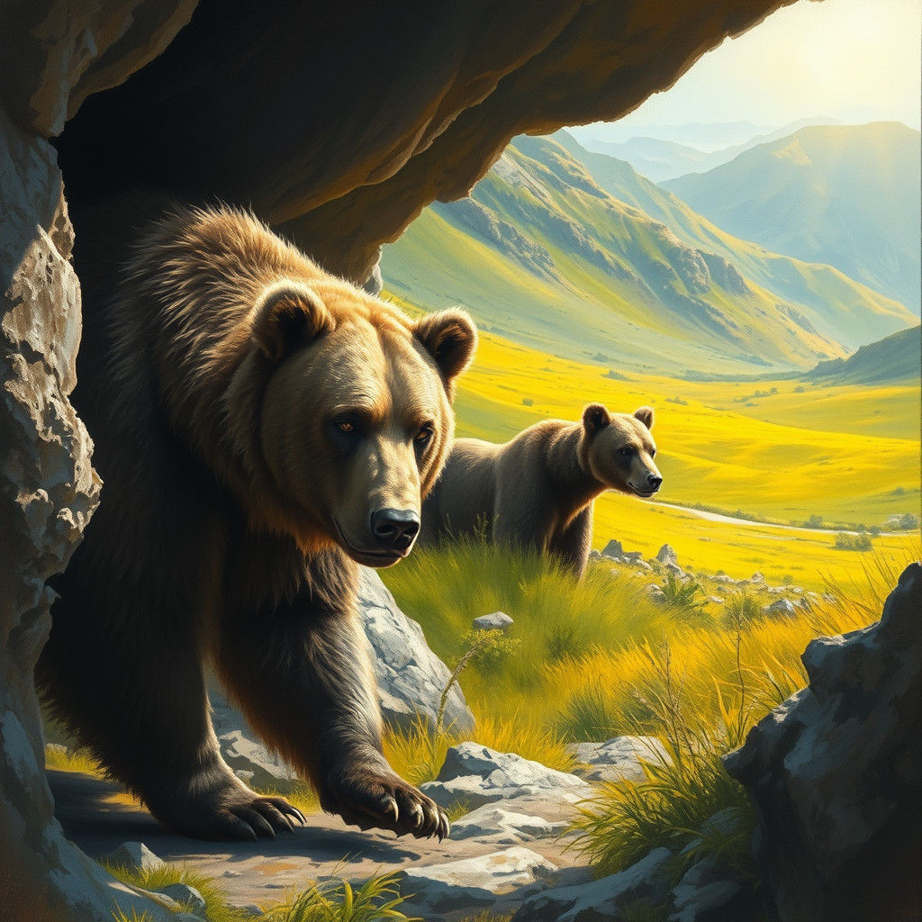 Bear Emerges into Sunlit Valley in 19th Century Style