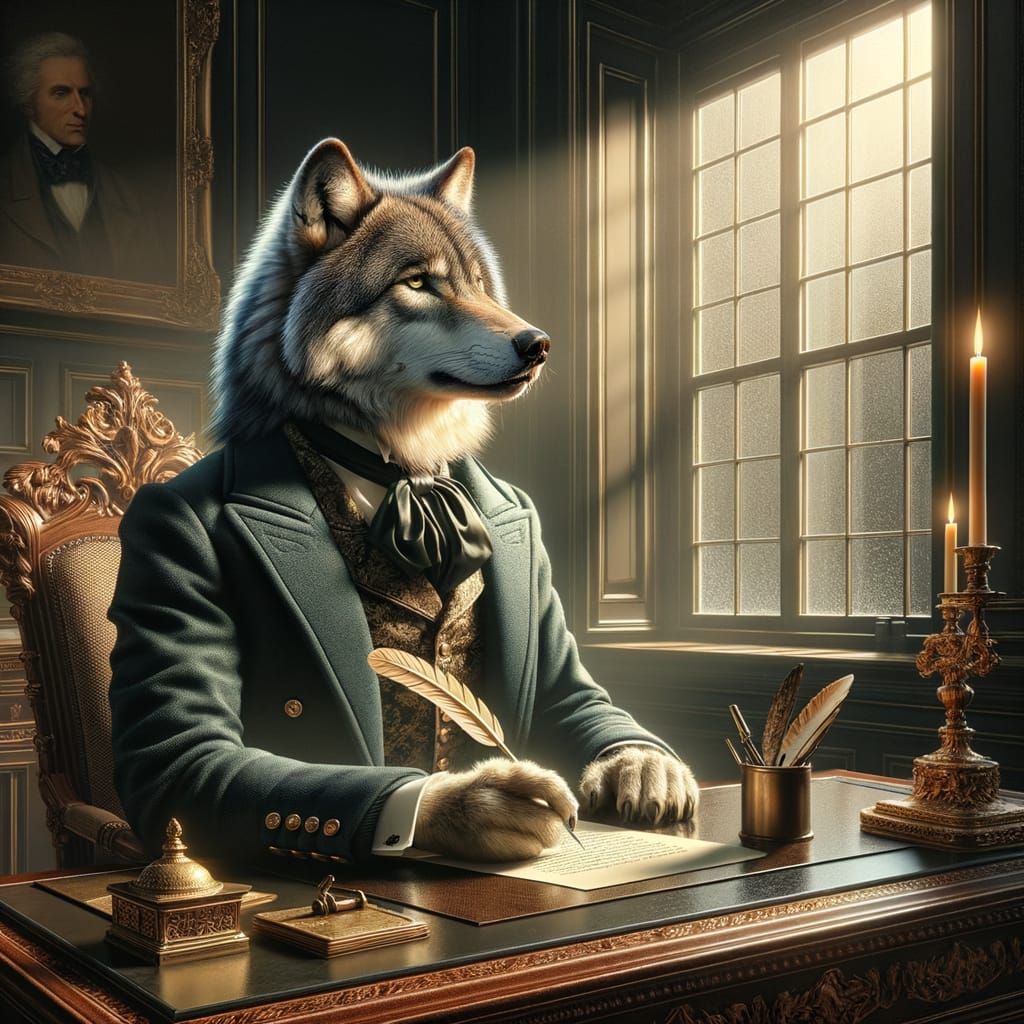 Victorian Wolf Writing at Desk as Digital Painting