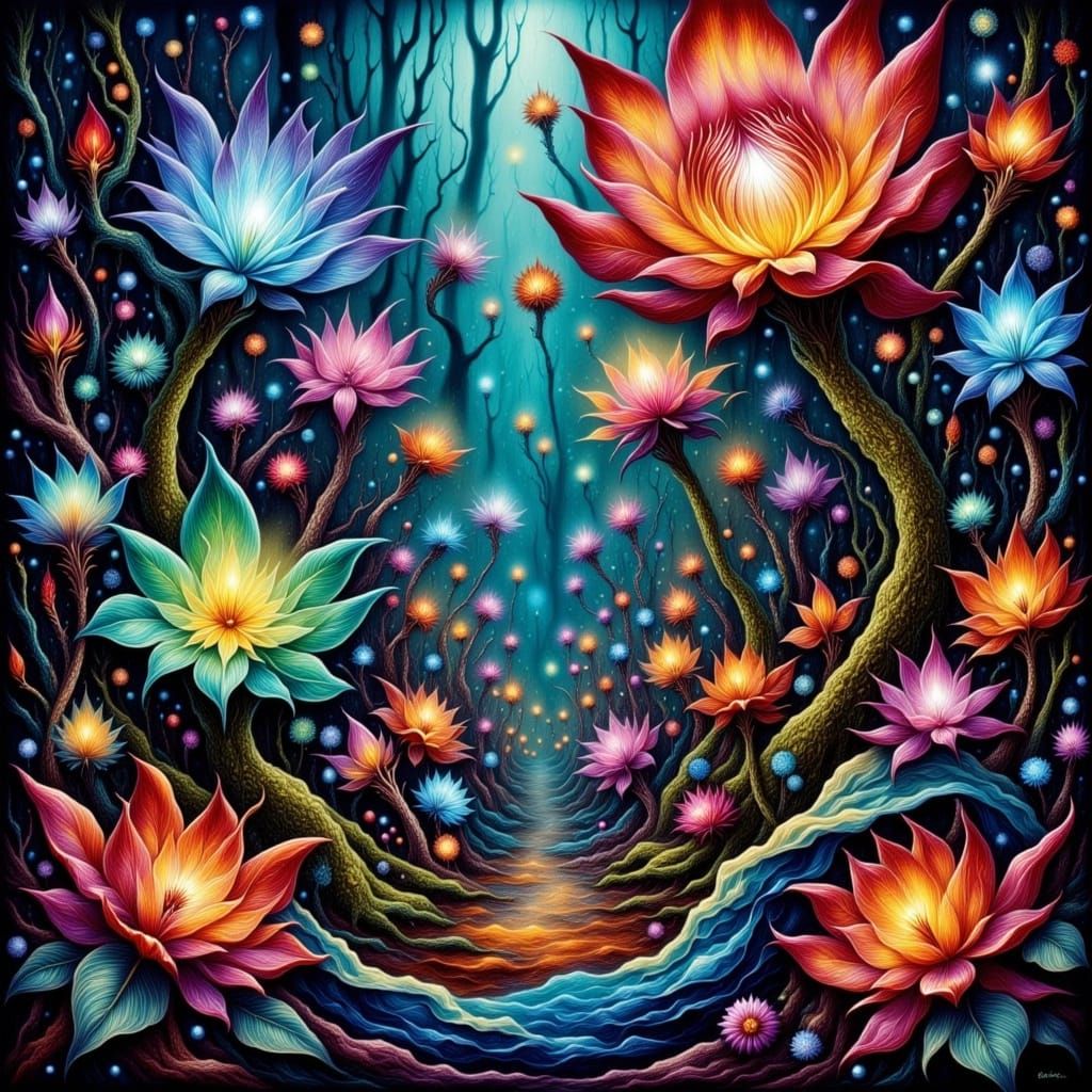 Hyper-Realistic Microscopic Realm in Vibrant Oil and Ink