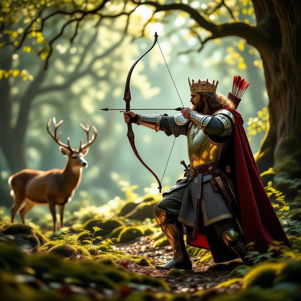 King Aims Bow at Deer in Enchanted Forest