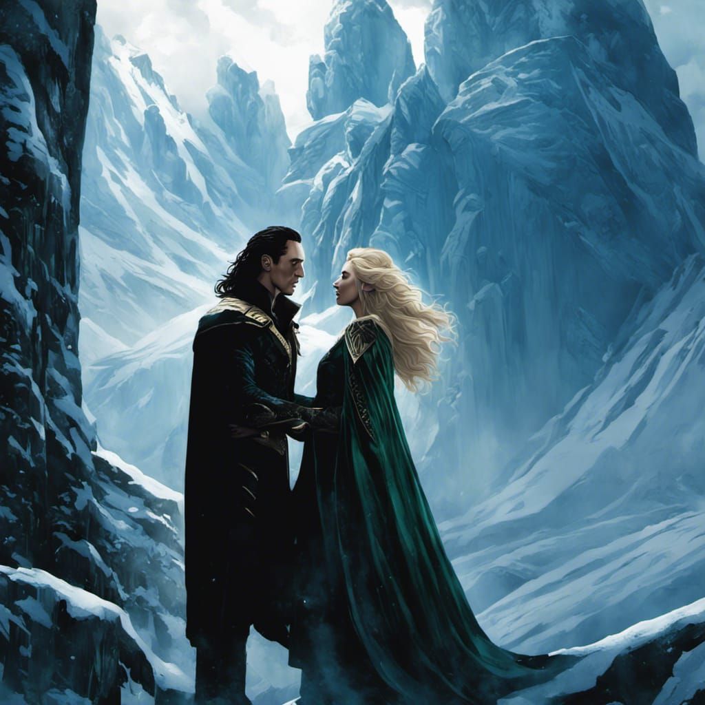 Loki Embraces a Woman on Jotunheim: Comic Book Art