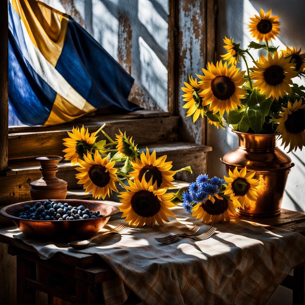 Sunflowers in Copper Bucket: Magical Realism Art