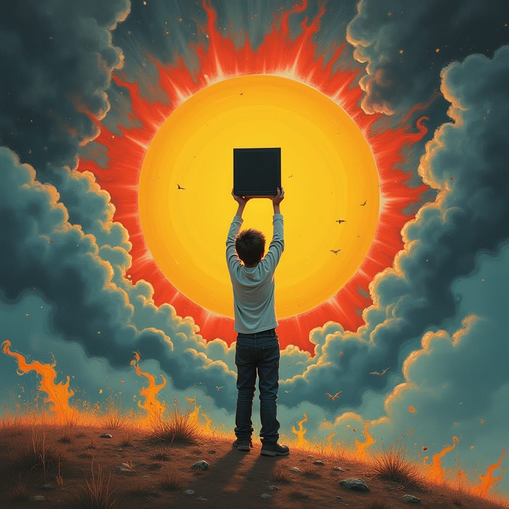 Boy Catapults Cube into Sun: Surrealist Dreamscape