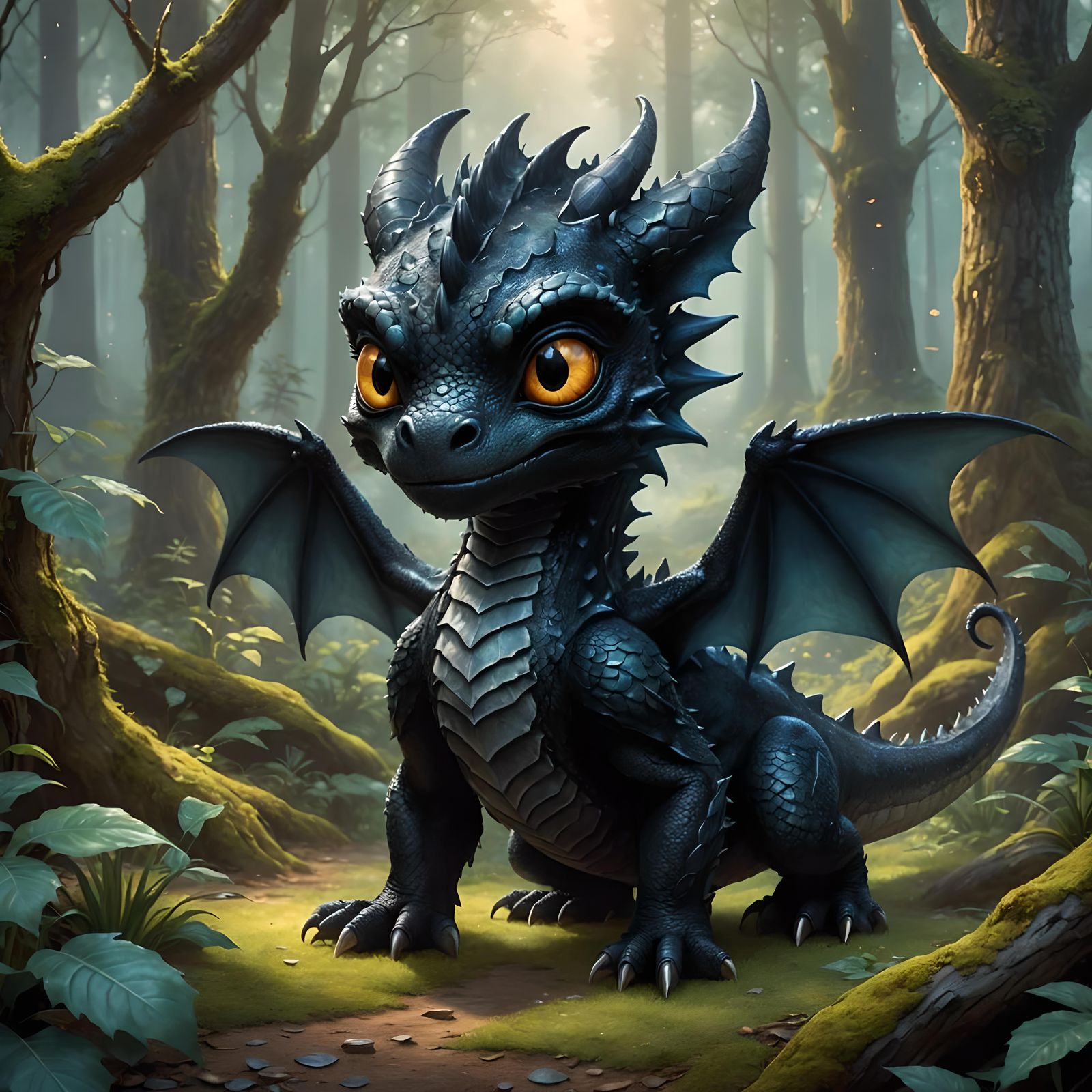 Angry Black Dragon in Enchanted Forest