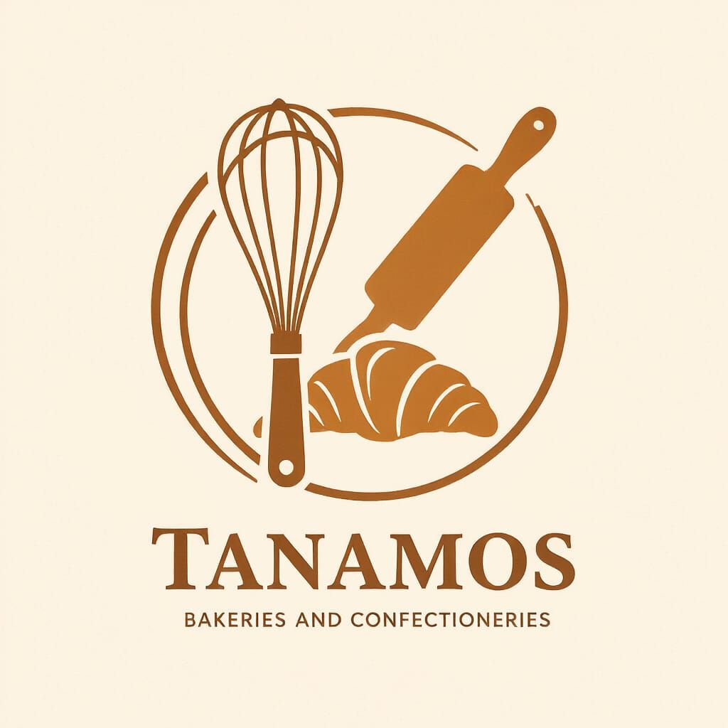 Tanamos Bakeries Logo: Whisk, Rolling Pin, Croissant Emblem