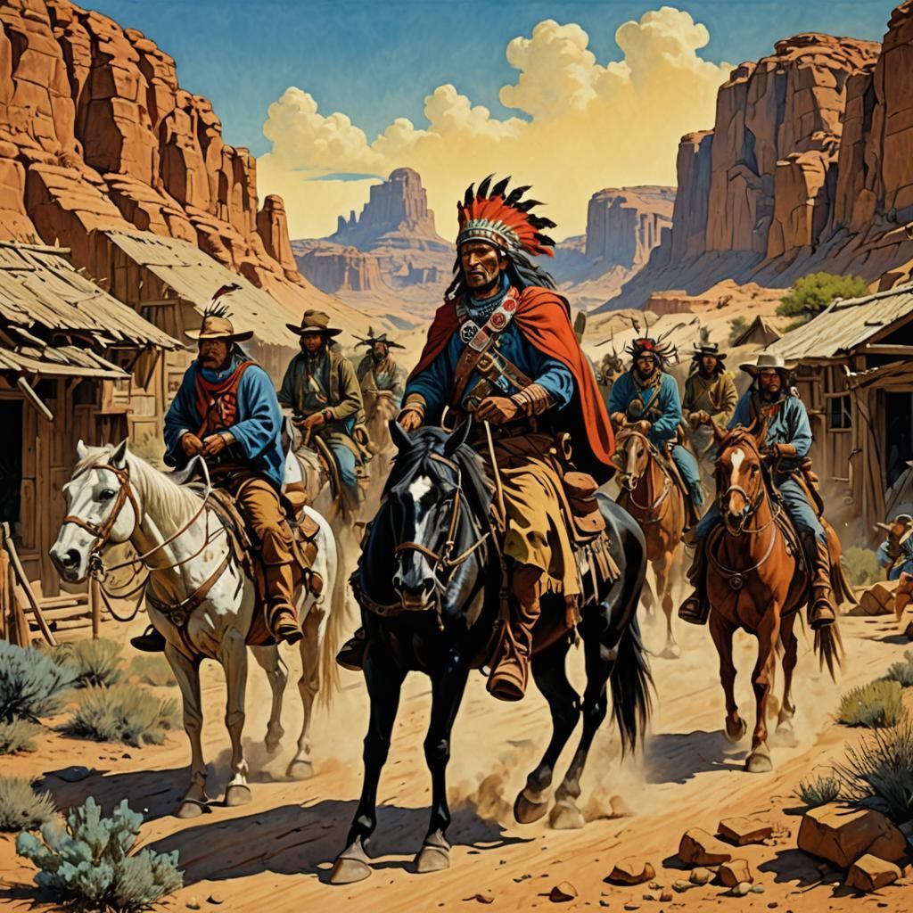 Comanche Chieftains ride in the Hot Texas Desert Peasant village of the sun
