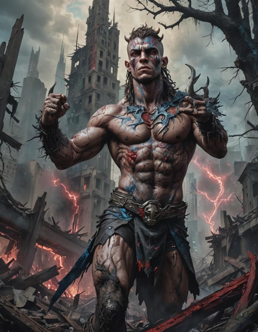 Ox-like Man in Cyberpunk Ruins: Digital Art