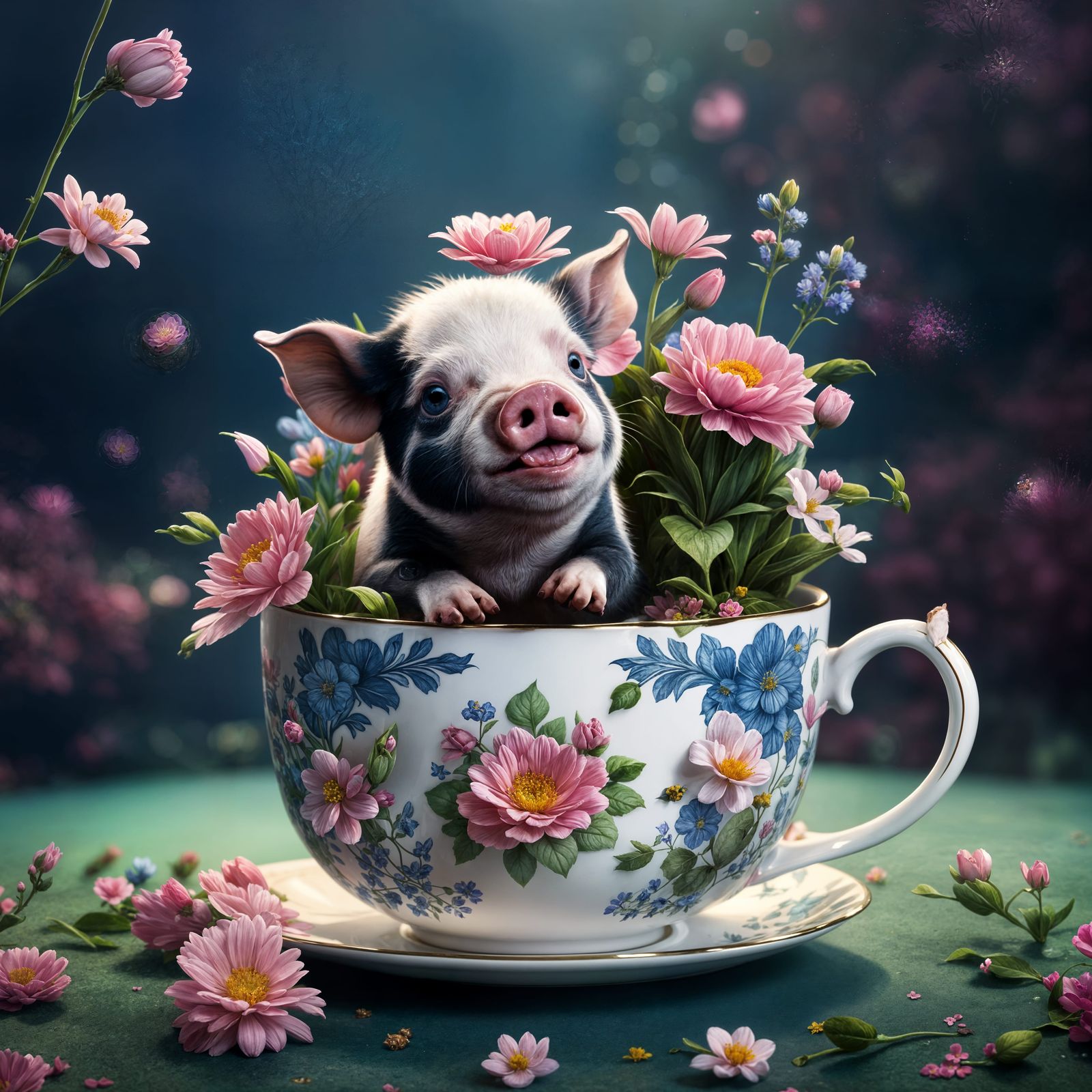 Teacup Pig Surrounded by Flowers