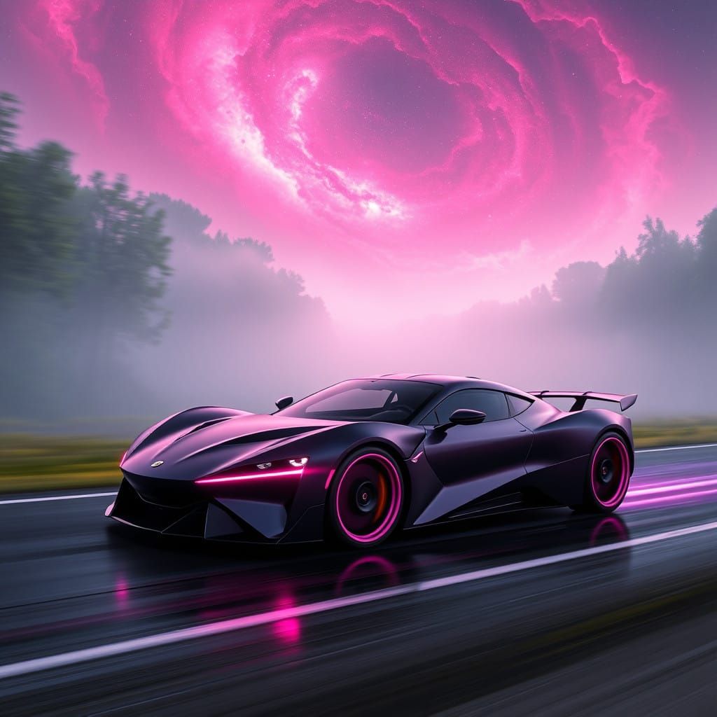 Surreal Futuristic Hypercar Speeds Through Misty River Valle...