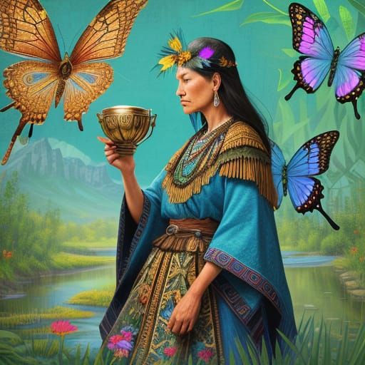 Southwestern Shaman with Dog in Folk Art Style