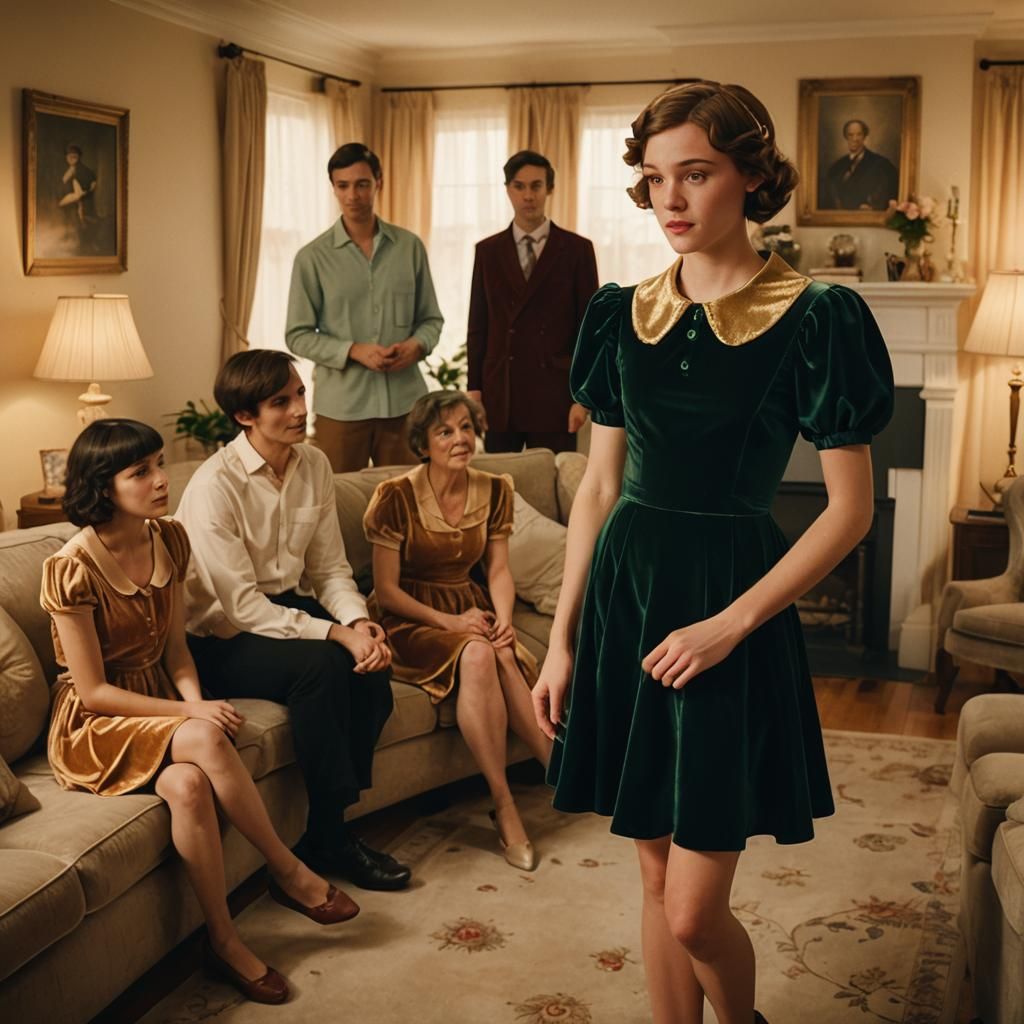 Boy Crossdressing in Velvet Dress: Cinematic Film Still