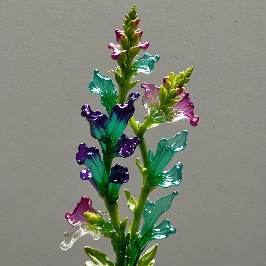 Glass Snapdragon Sculpture in Green and Purple
