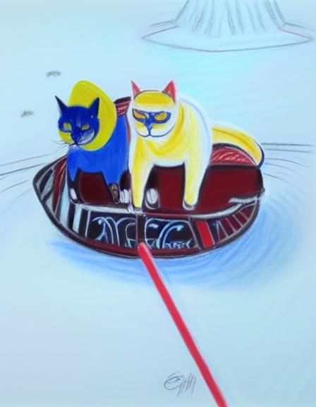 Cats in Snowsuits Sledding, Oil Pastel Drawing