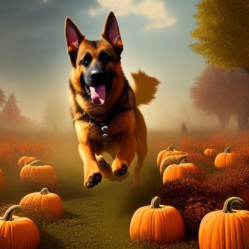 German Shepherd Runs Through Pumpkin Patch, 8k