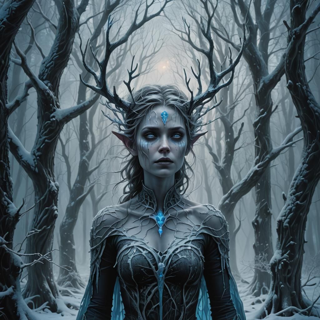 Icy Fae in Frozen Forest: Dark Fantasy Art