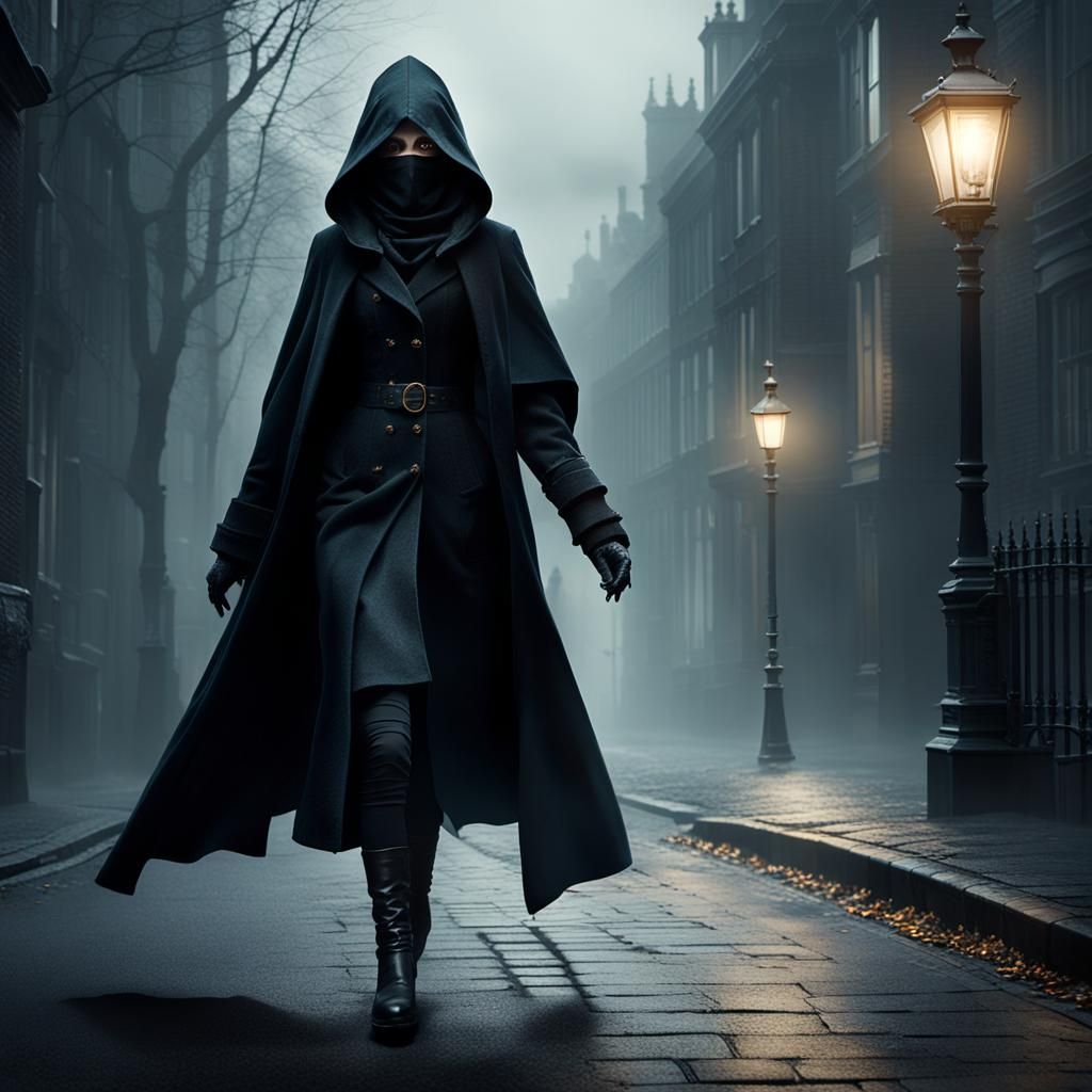 Mysterious Woman in Victorian Cityscape, Dark Fantasy Art